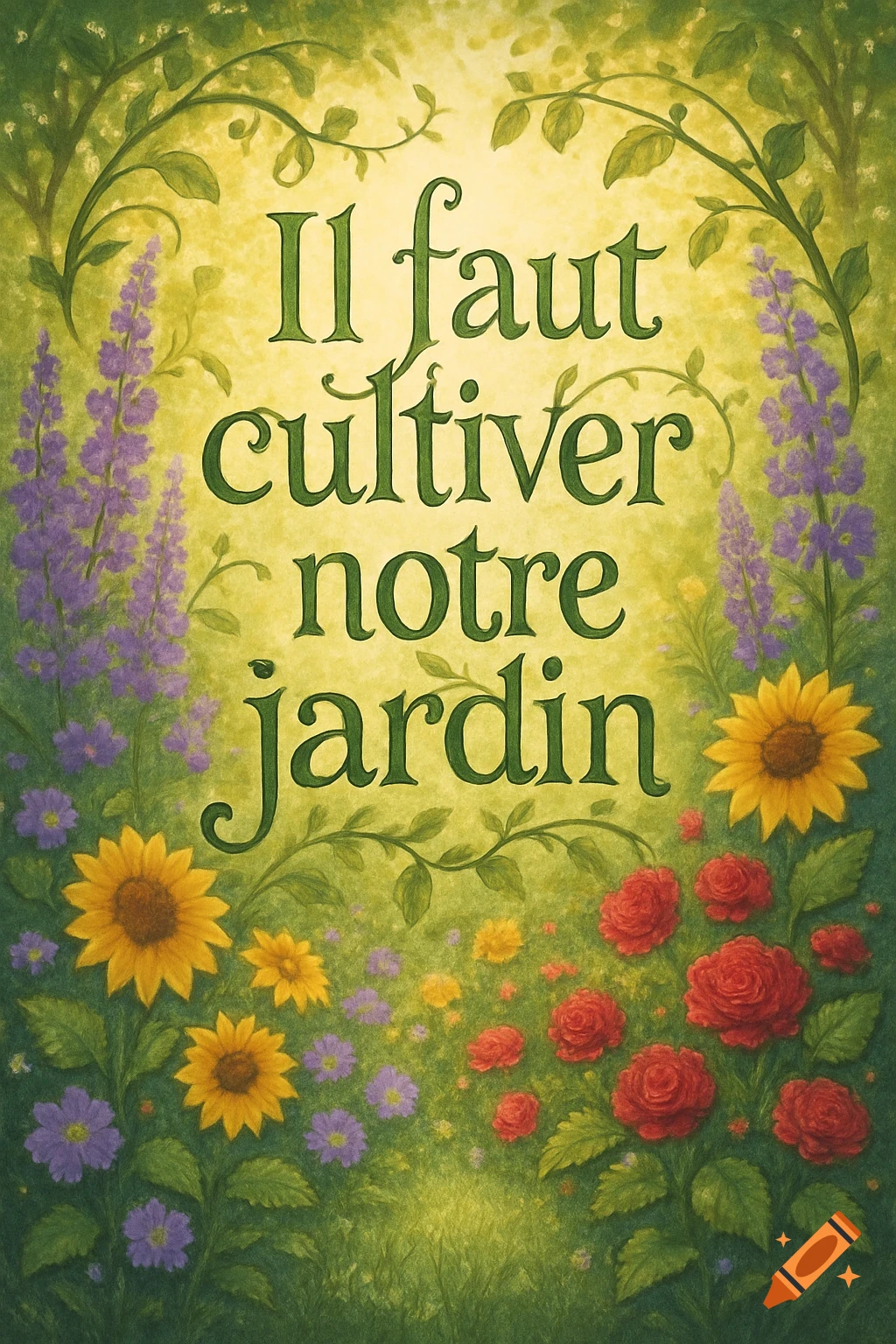 Illustrated poster with the French phrase 'Il faut cultiver notre jardin' amidst colorful sunflowers, roses, and purple flowers.