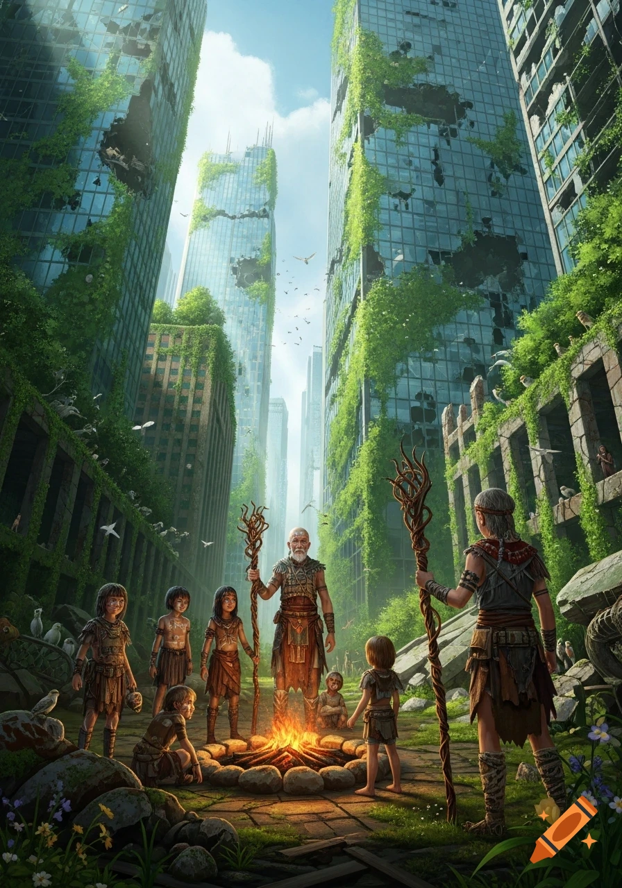 A tribe of adults and children gather around a campfire in the middle of a ruined, nature-overgrown city street.