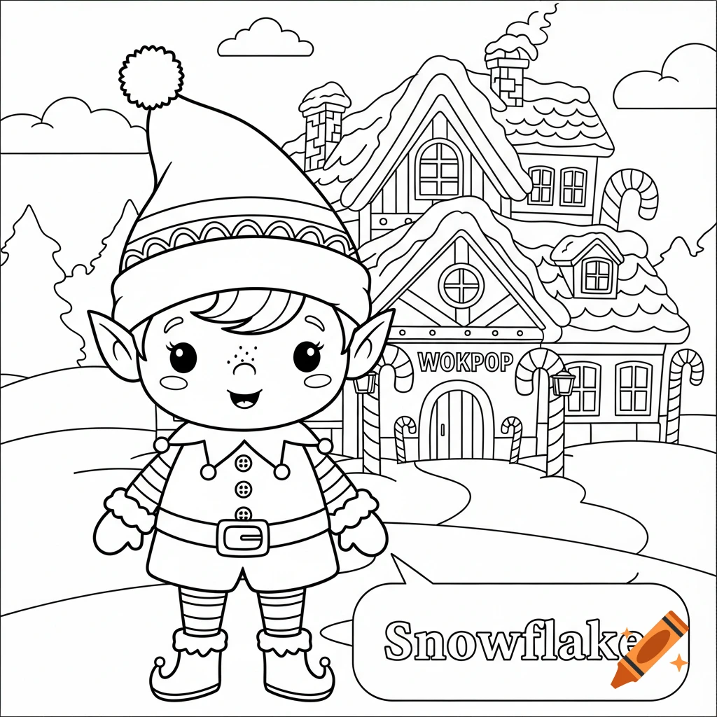 Black and white line art coloring page of a cute elf in front of a snow-covered building with "WOKPOP" on a sign, and a speech bubble with "Snowflake".