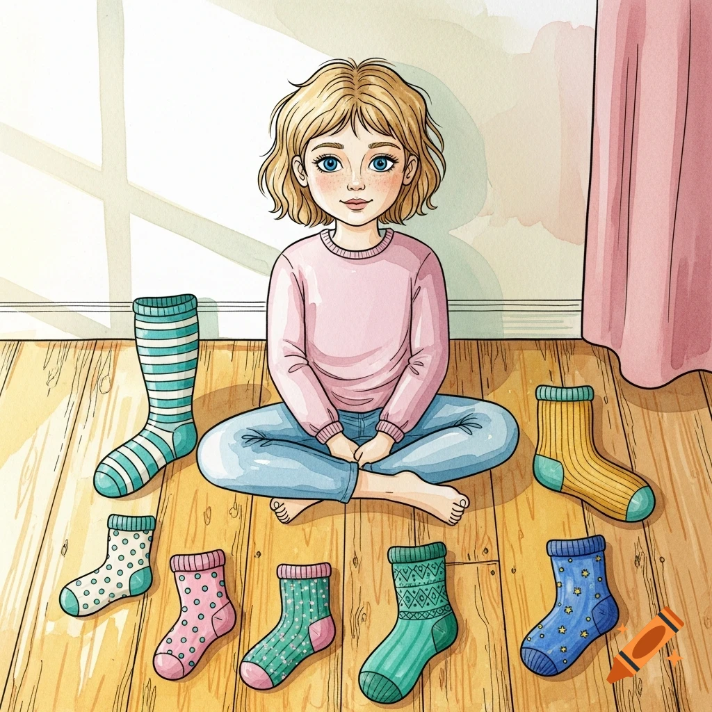 A blonde girl with blue eyes sits cross-legged on a wooden floor, surrounded by colorful socks in a children's book watercolor style.