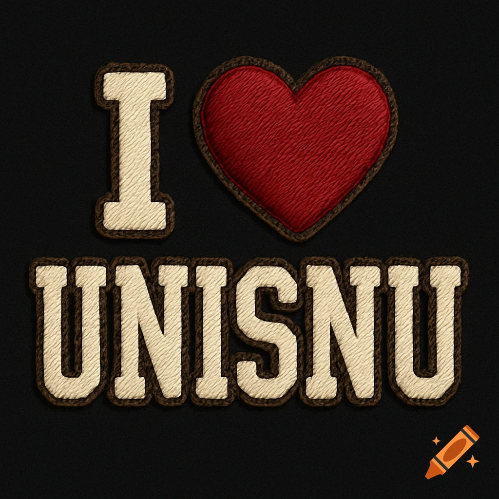 Embroidered design saying 'I love UNISNU' with cream text and a red heart on a black background.