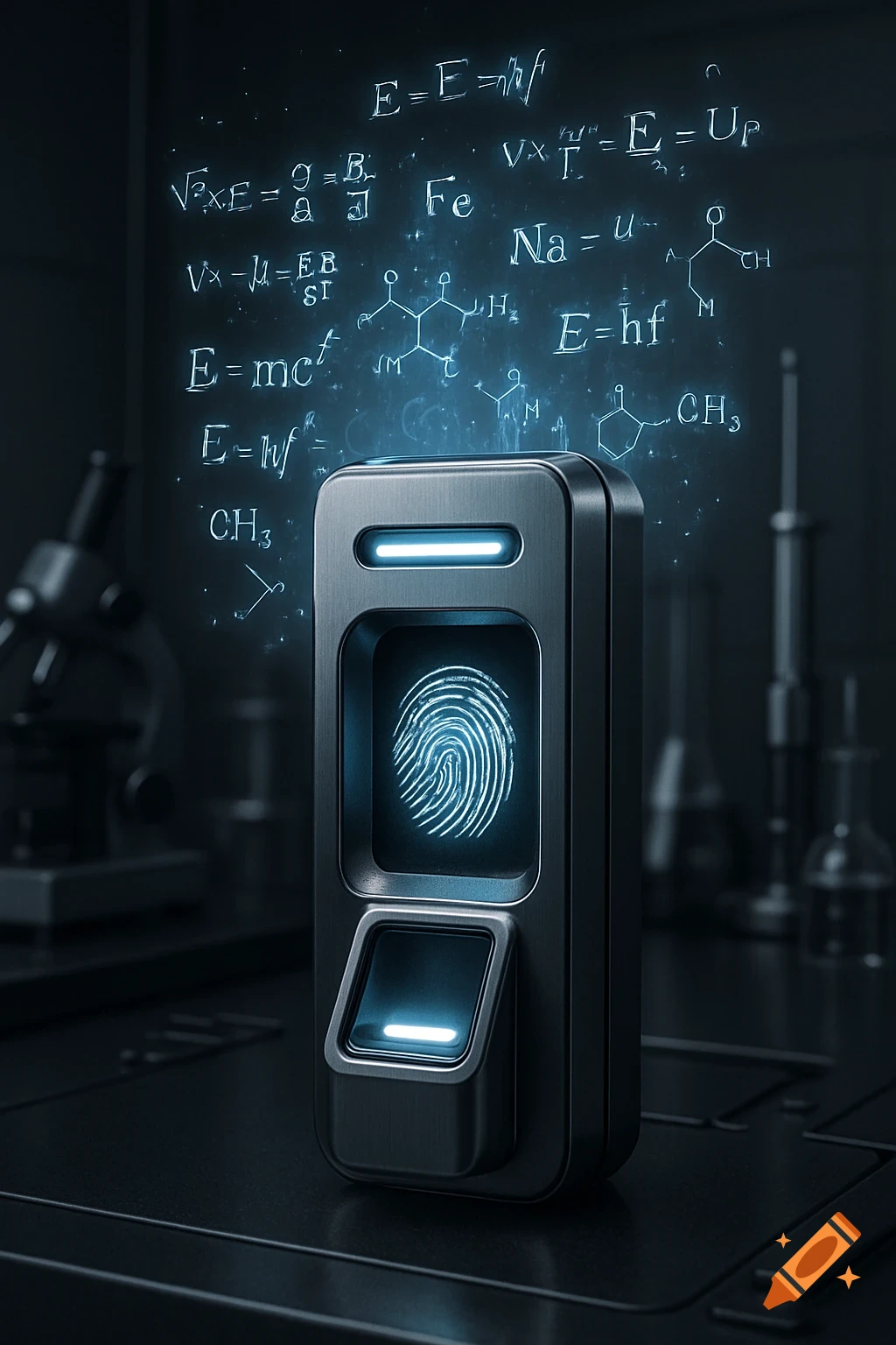 A futuristic biometric fingerprint scanner glows blue in a dark laboratory, surrounded by glowing scientific equations.