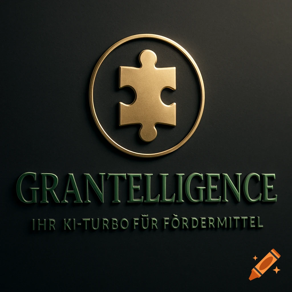 A 3D golden puzzle piece in a circular outline above green embossed text 'GRANTELLIGENCE' and 'IHR KI-TURBO FÜR FÖRDERMITTEL' on a dark background.
