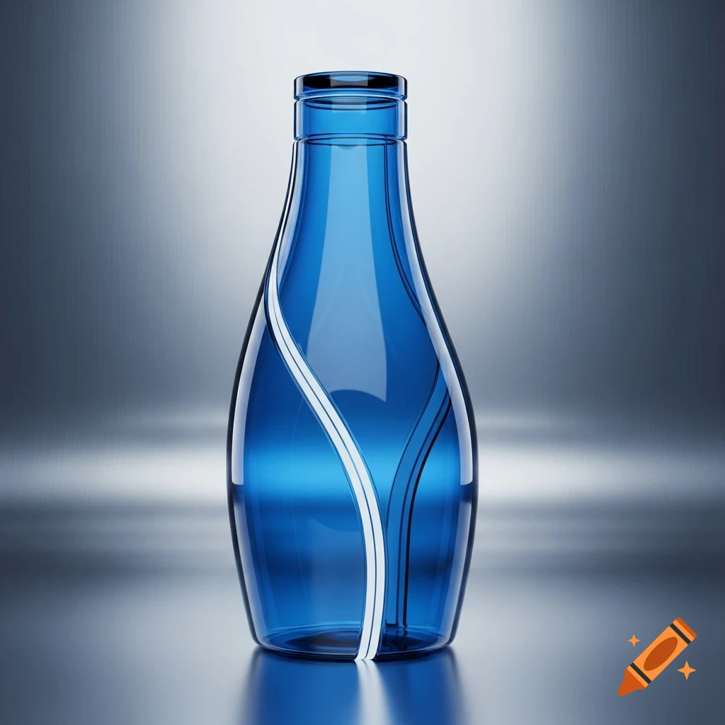 A transparent blue bottle with a curved white and black stripe design on a reflective surface against a gradient background.