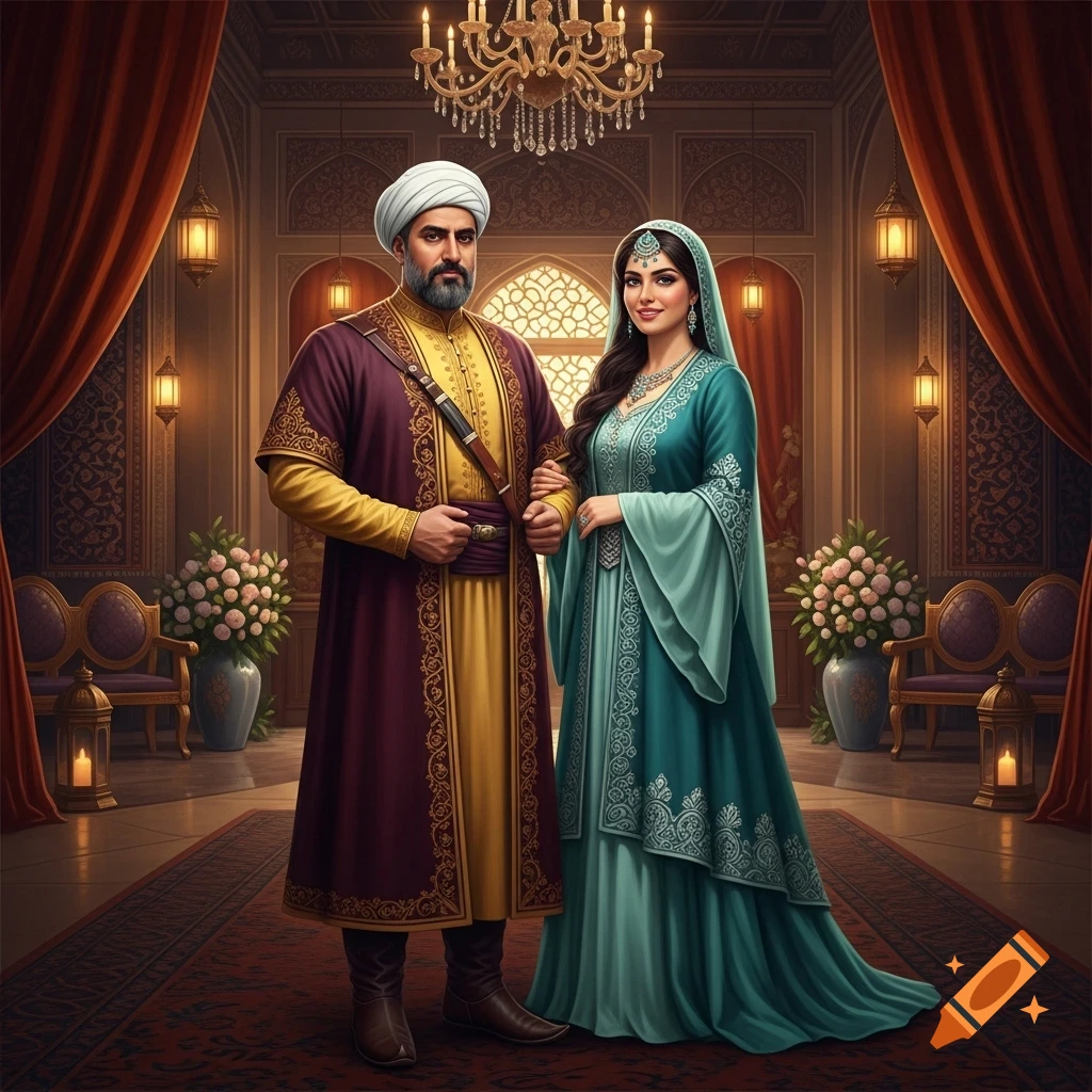 A man and woman in ornate traditional attire stand in a luxurious, richly decorated palace interior with a chandelier.