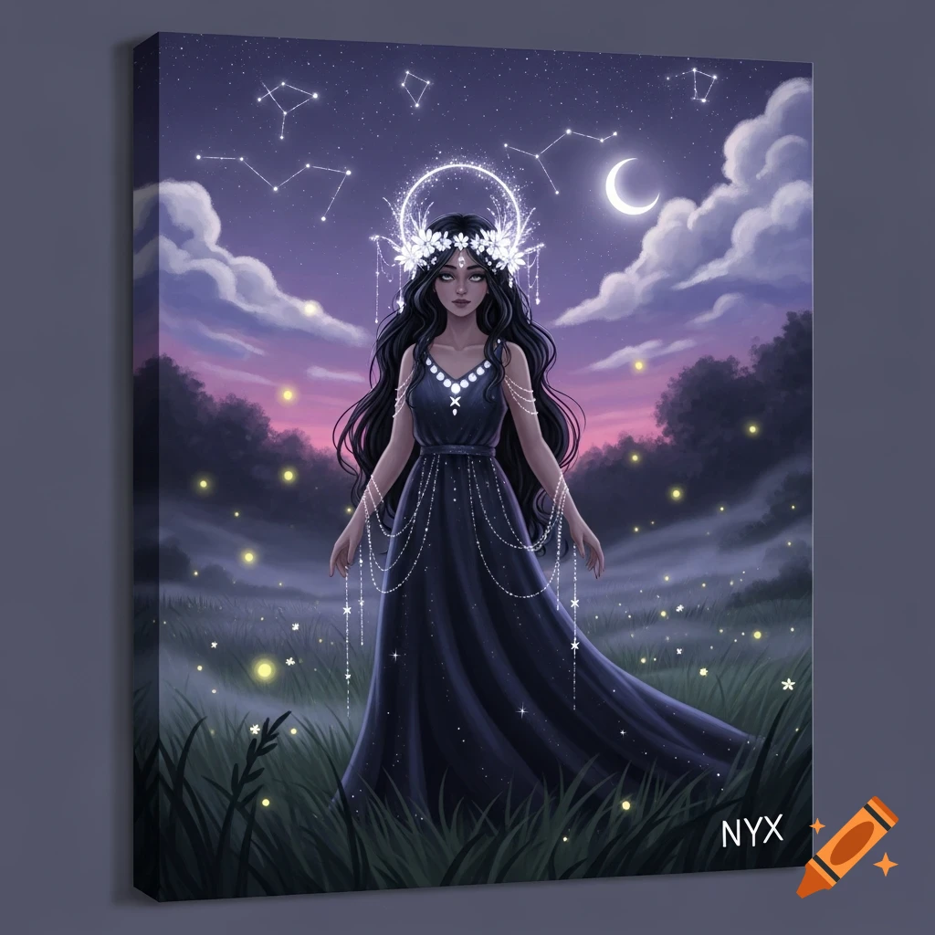 Stylized illustration of a woman with long dark hair, a starry halo, and a dark gown, standing in a field under a purple night sky with clouds, a crescent moon, and constellations.