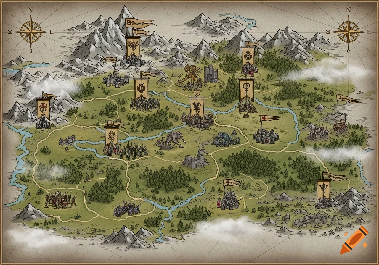 A detailed hand-drawn fantasy war map showing various armies, castles, mountains, forests, rivers, and mythical creatures.
