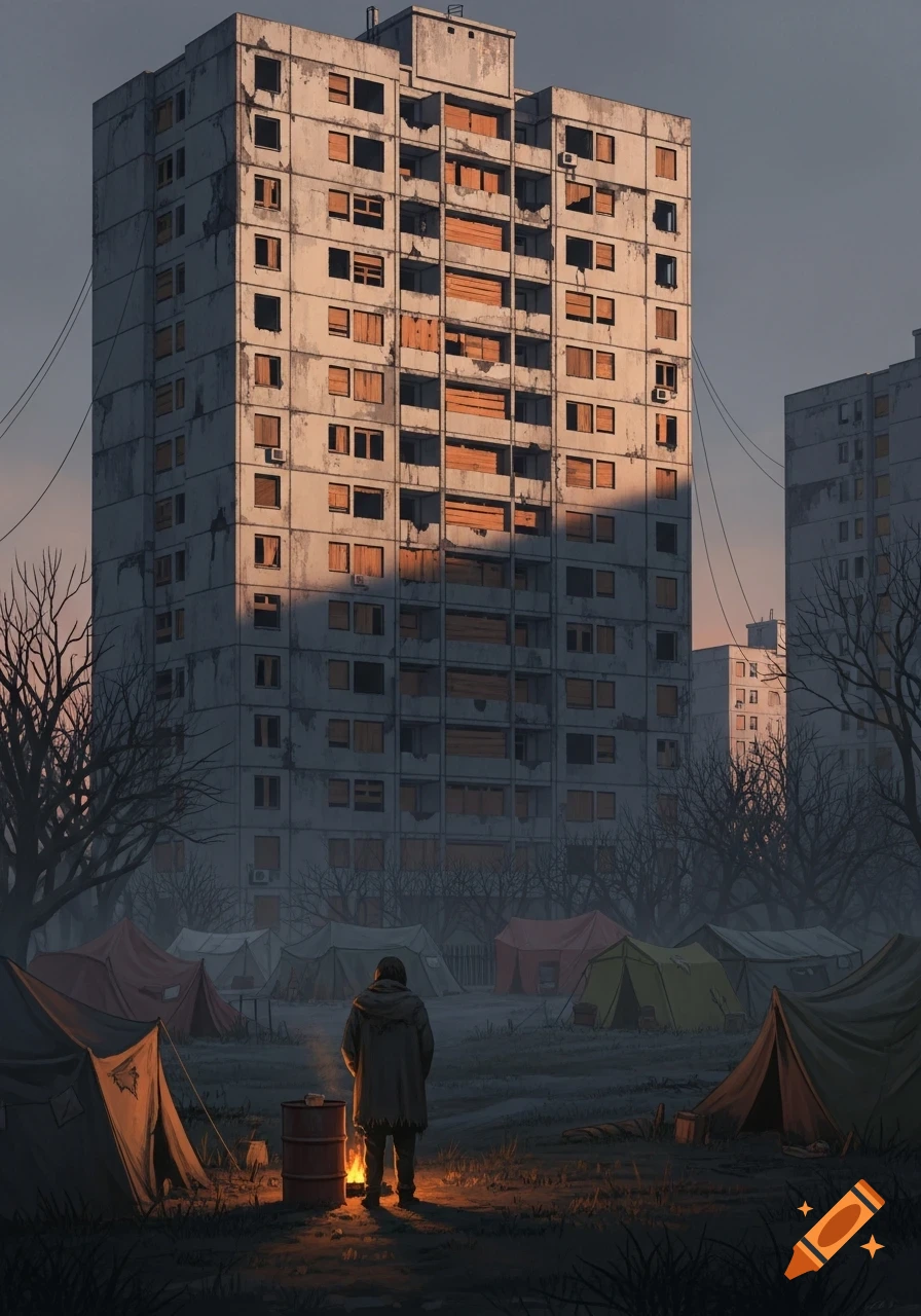 A lone figure stands by a burning barrel in a desolate encampment of tents before a towering, dilapidated apartment building, digital art.