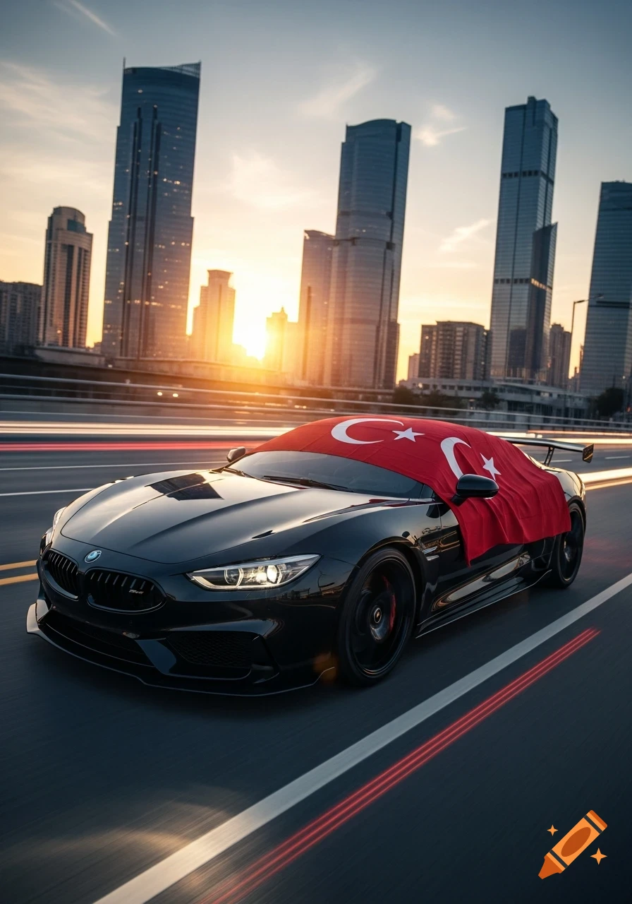 A black sports car with a Turkish flag draped over its windshield drives on a highway at sunset, with a city skyline.