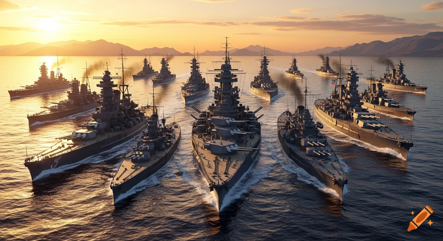 A large fleet of detailed WW2 battleships sailing in tight formation on calm ocean waters at golden sunset, with distant mountains. Photorealistic style.