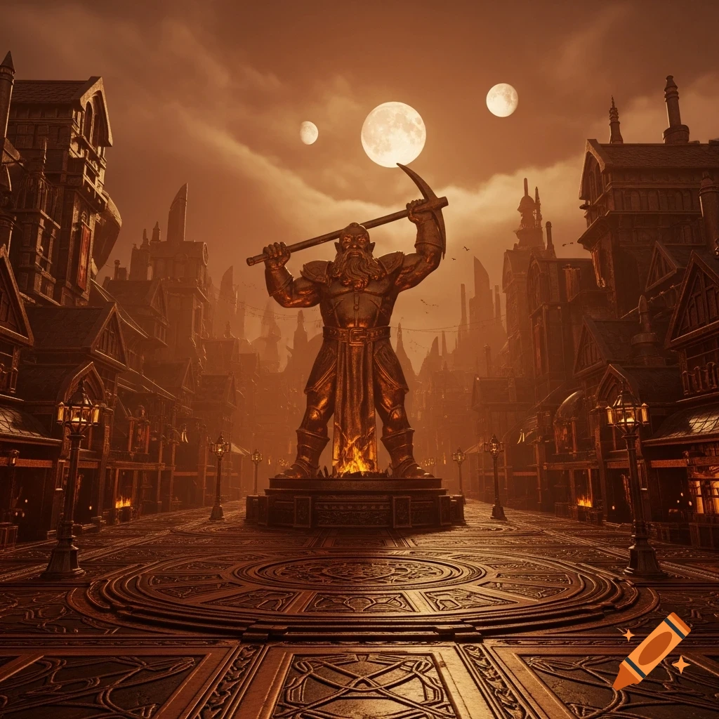 A large golden dwarven statue holding a pickaxe stands in a bustling street lined with elaborate buildings under an orange, overcast sky with three moons, fantasy style.