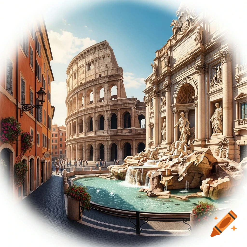 A vibrant street view features the Colosseum and Trevi Fountain impossibly close, with historical buildings, a sparkling fountain, and people walking under a bright sky.