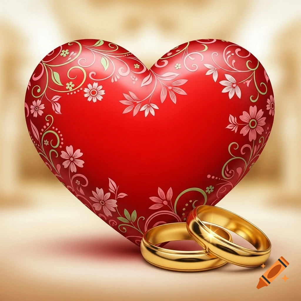 A red heart adorned with a subtle floral pattern, beside two shiny golden wedding rings on a soft, blurred background.