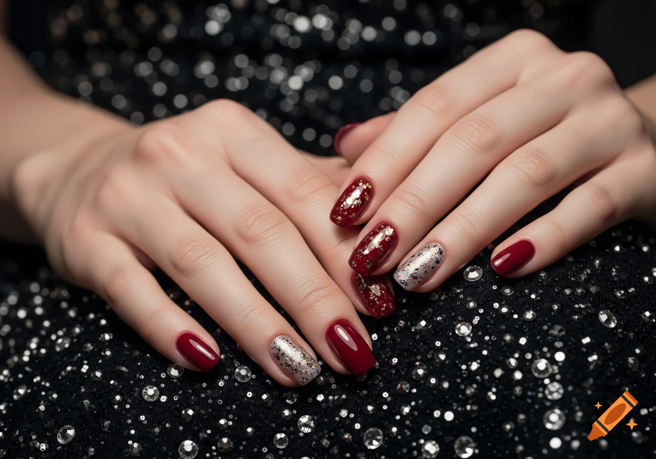 Close-up of hands with festive red and glitter silver nail polish on a sparkly black background.