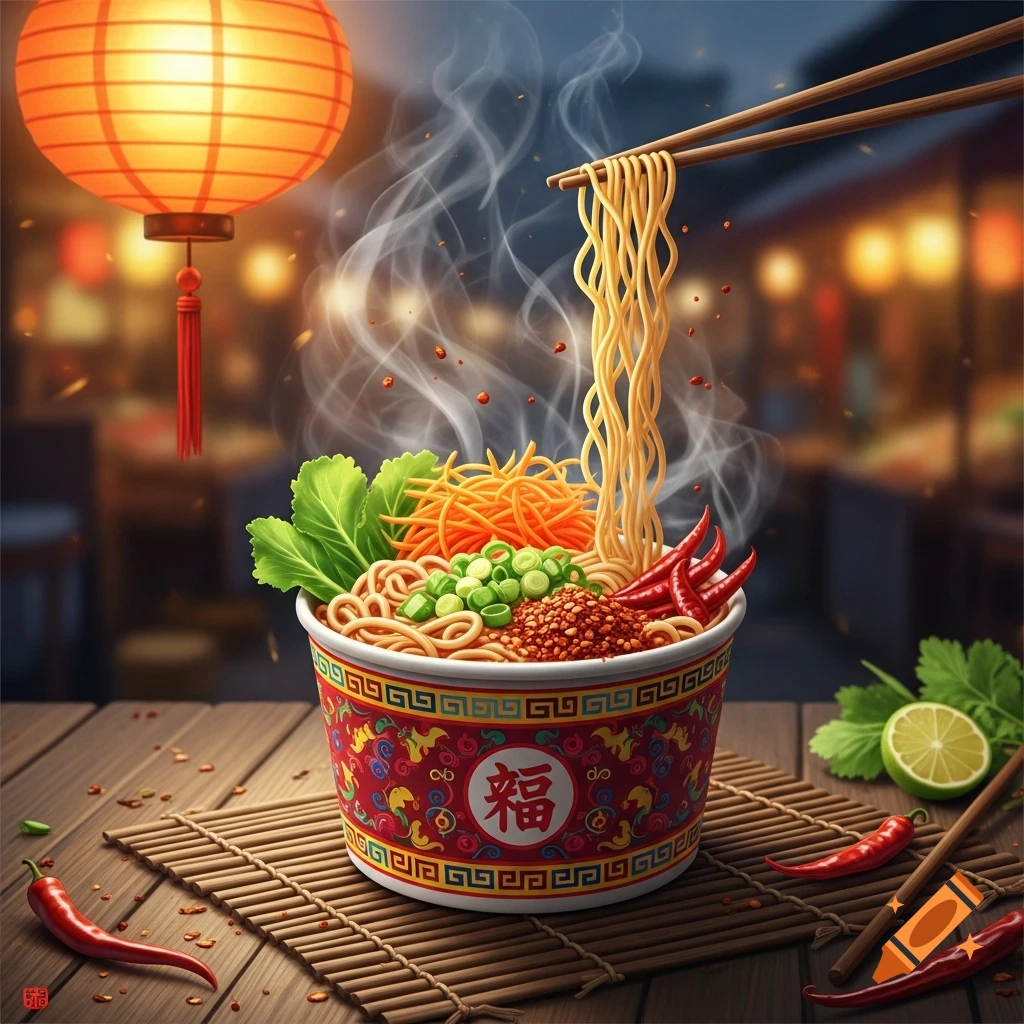 Steaming bowl of noodles with chopsticks, chili peppers, lime, and a bamboo mat on a wooden table with a glowing lantern in the background.