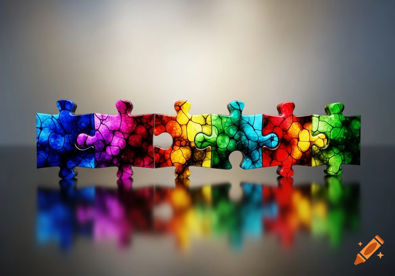 A row of nine vibrantly colored puzzle pieces with textured patterns, reflected on a dark surface against a grey background.