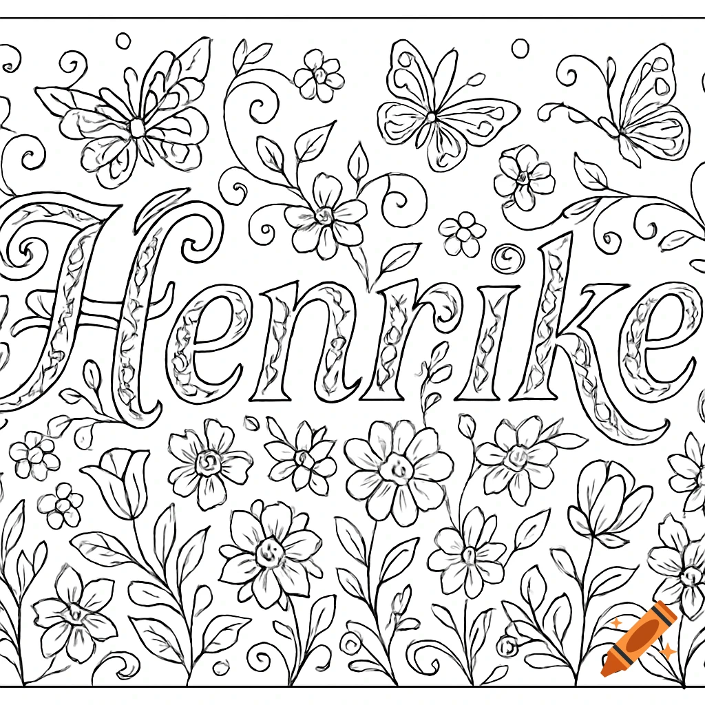 Black and white line art coloring page featuring the name Henrike amidst flowers and butterflies.