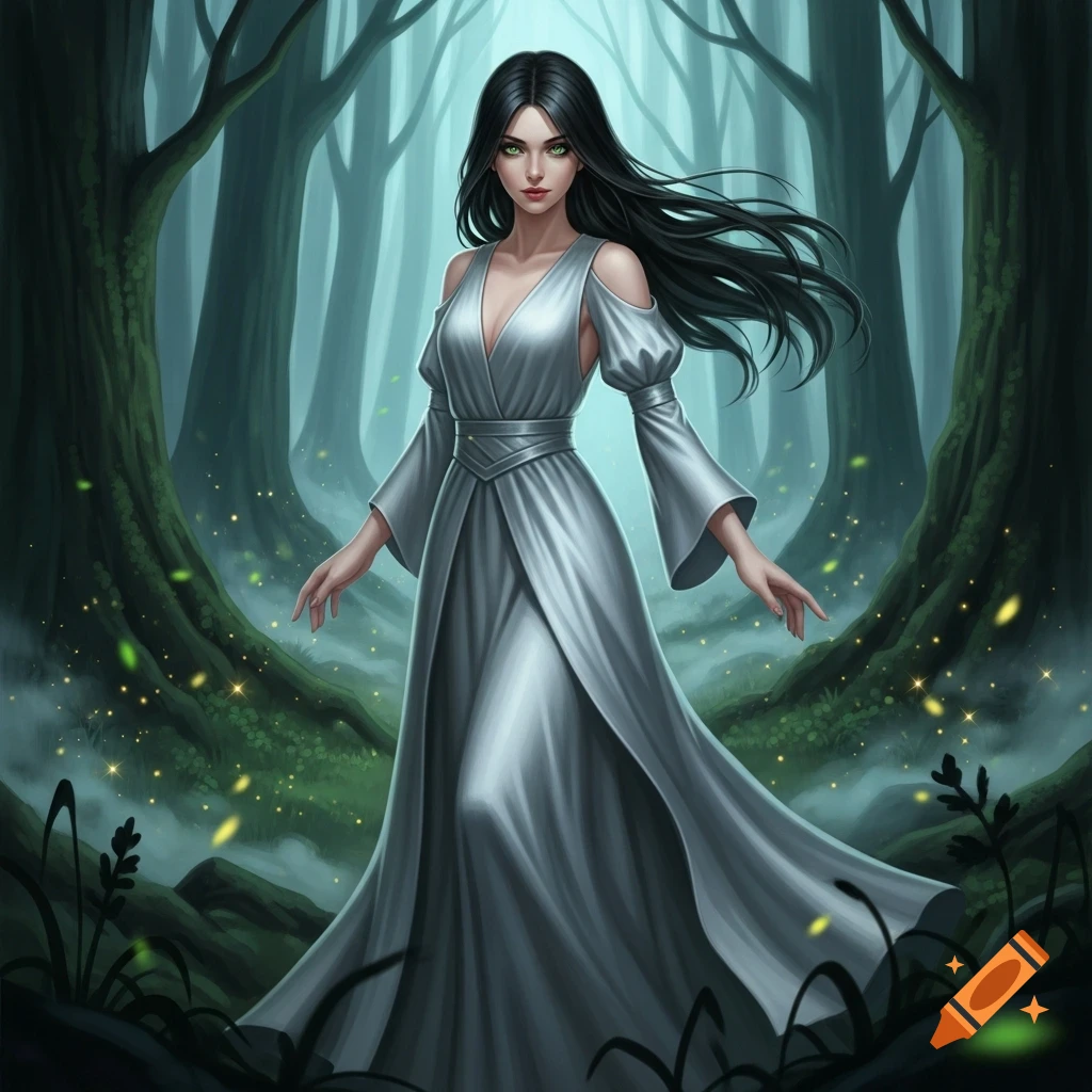 Digital painting of a woman with long dark hair, green eyes, and a ...