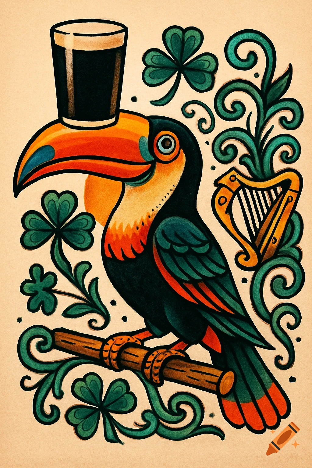 Old school tattoo illustration of a toucan wearing a Guinness pint as a hat, surrounded by shamrocks and an Irish harp.