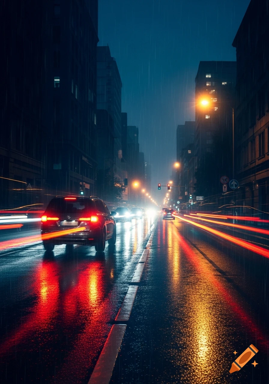 Photorealistic view of a wet city street at night, with cars and red light trails reflected on the rainy asphalt.