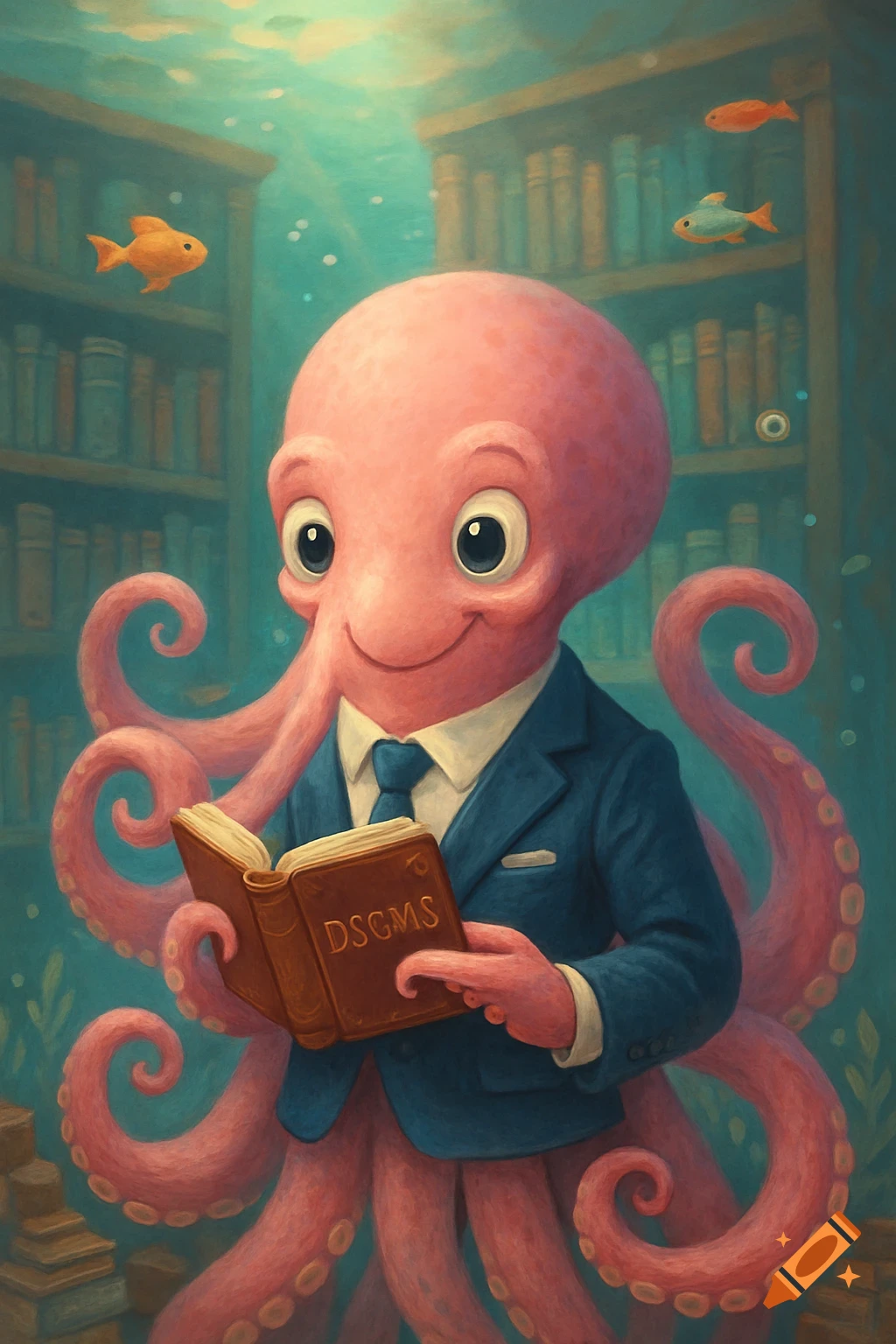 A cute pink octopus wearing a blue suit and tie, smiling while reading a brown book in an underwater library with swimming fish.