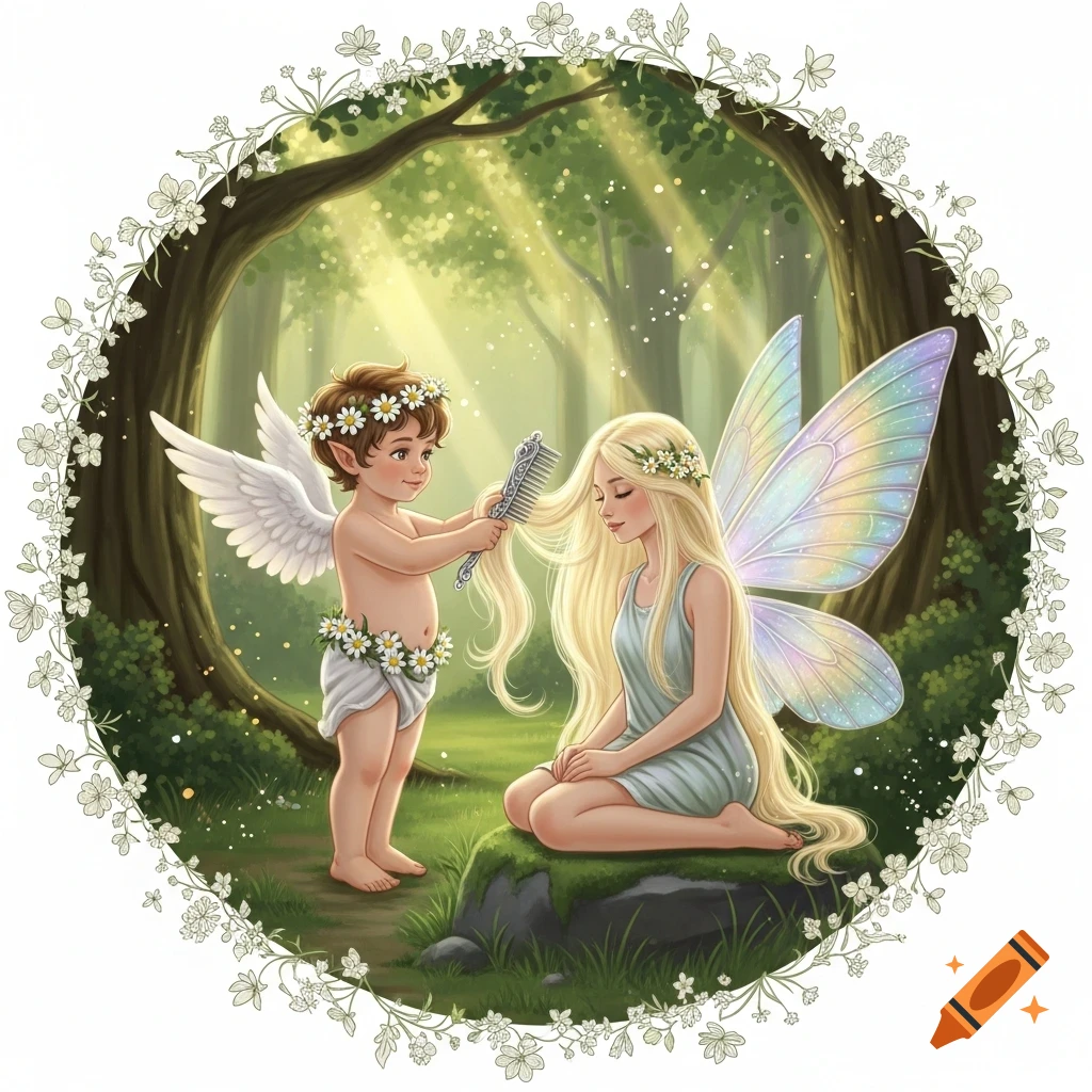 A winged putto with a flower crown brushes the long blonde hair of a kneeling fairy in a sun-dappled forest, framed by a floral wreath.