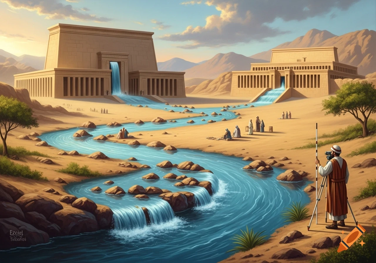 A winding river flows from ancient temple-like structures across a desert landscape, with robed figures and a person surveying in the foreground.