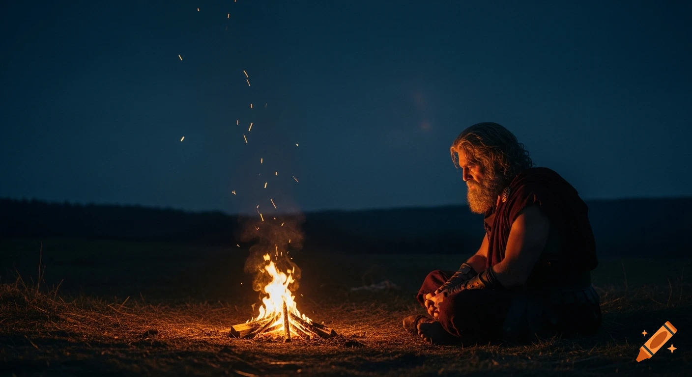 A realistic, cinematic night scene of a bearded man (Prometheus) sitting contemplatively by a small, glowing campfire.