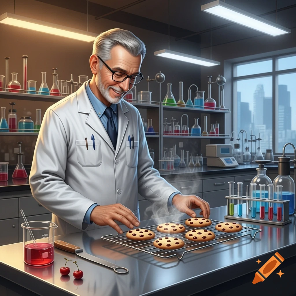 A smiling male scientist with gray hair and glasses in a lab coat is carefully arranging chocolate chip cookies on a cooling rack in a modern laboratory. Beakers and test tubes with colorful liquids are visible in the background.