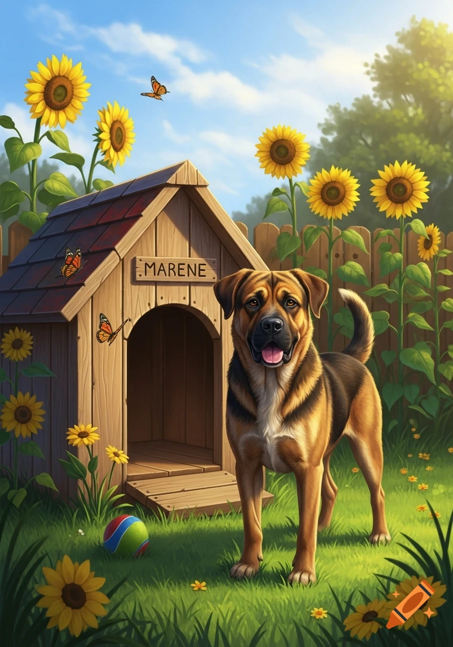A brown and black dog stands smiling in front of a wooden doghouse with 'MARENE' on it, surrounded by sunflowers and butterflies.