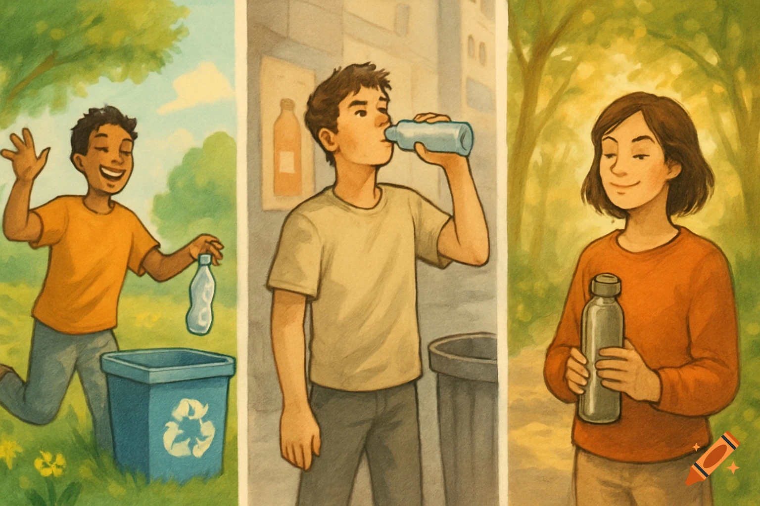 A three-panel illustration shows a boy recycling a bottle, another boy drinking from a reusable bottle, and a girl holding a reusable bottle.