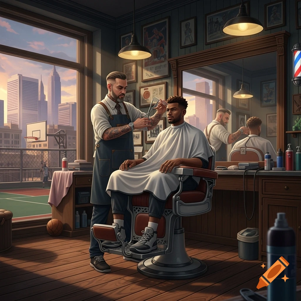 A barber cuts a man's hair in a modern barbershop with large windows overlooking a city skyline and a basketball court, rendered in a photorealistic style.