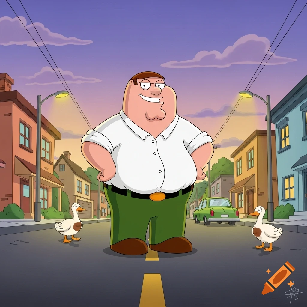 Peter Griffin stands in the middle of a street with two ducks on either side at sunset in a cartoon style.