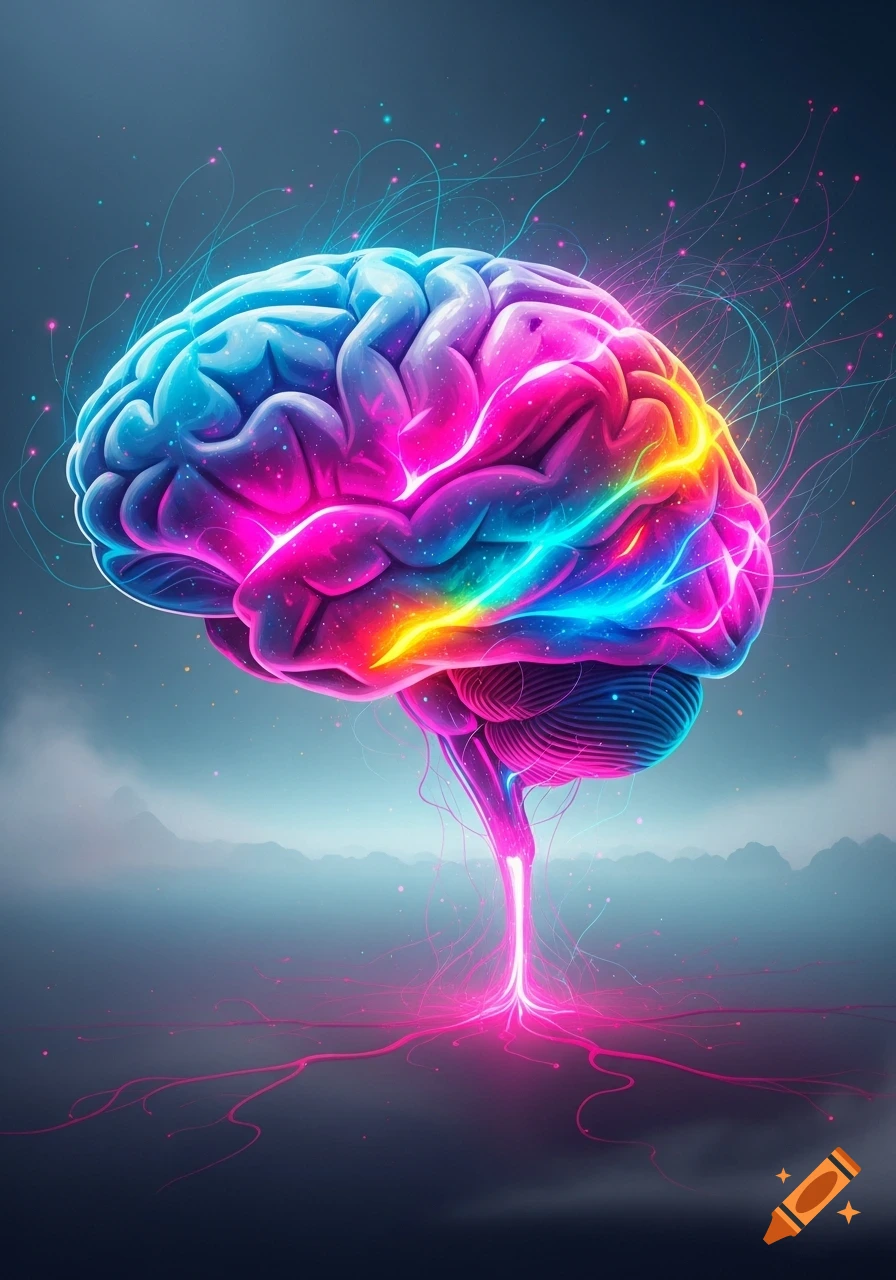 A vibrant, glowing human brain in blues, pinks, and yellows, with ...