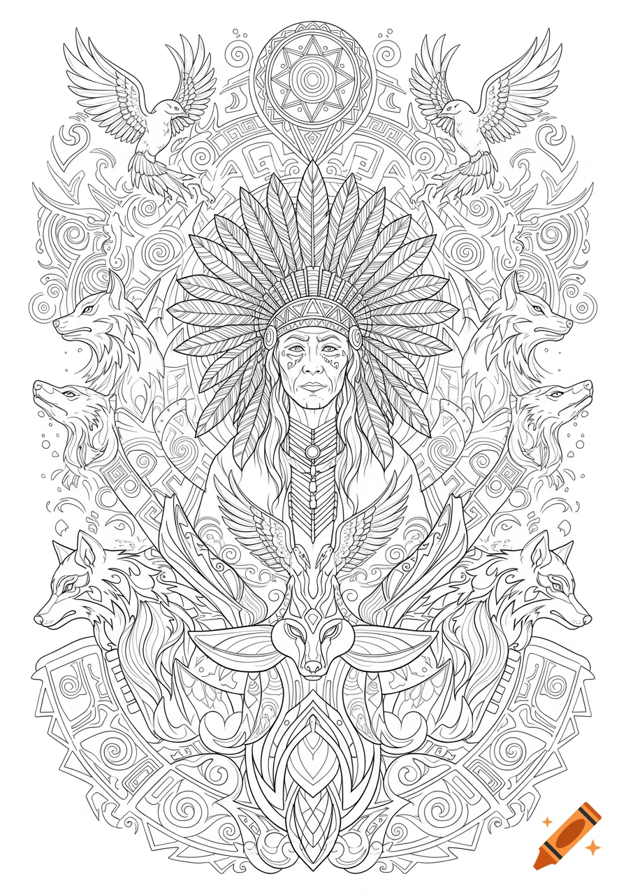 Line art coloring page of a figure with a feathered headdress, flanked by wolves, eagles, and intricate tribal patterns.
