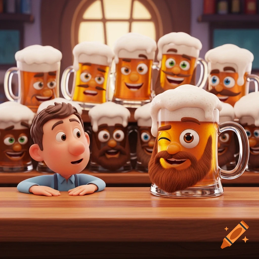 A cartoon man at a bar counter with a winking, bearded beer mug and other watching anthropomorphic beer mugs in a 3D animation style.