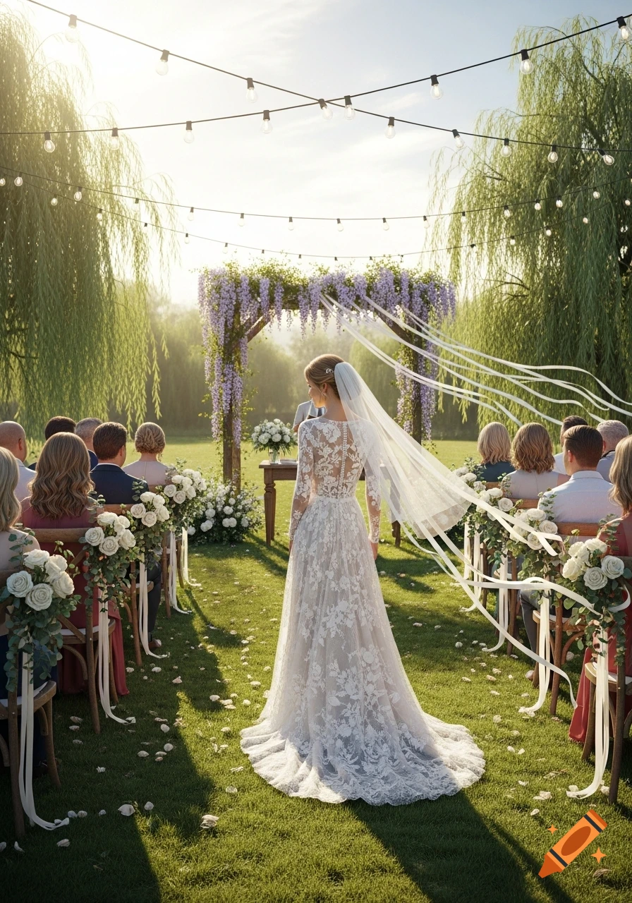 A bride in a lace wedding dress walks down a grassy aisle towards a wisteria-covered arch at an outdoor ceremony with guests.