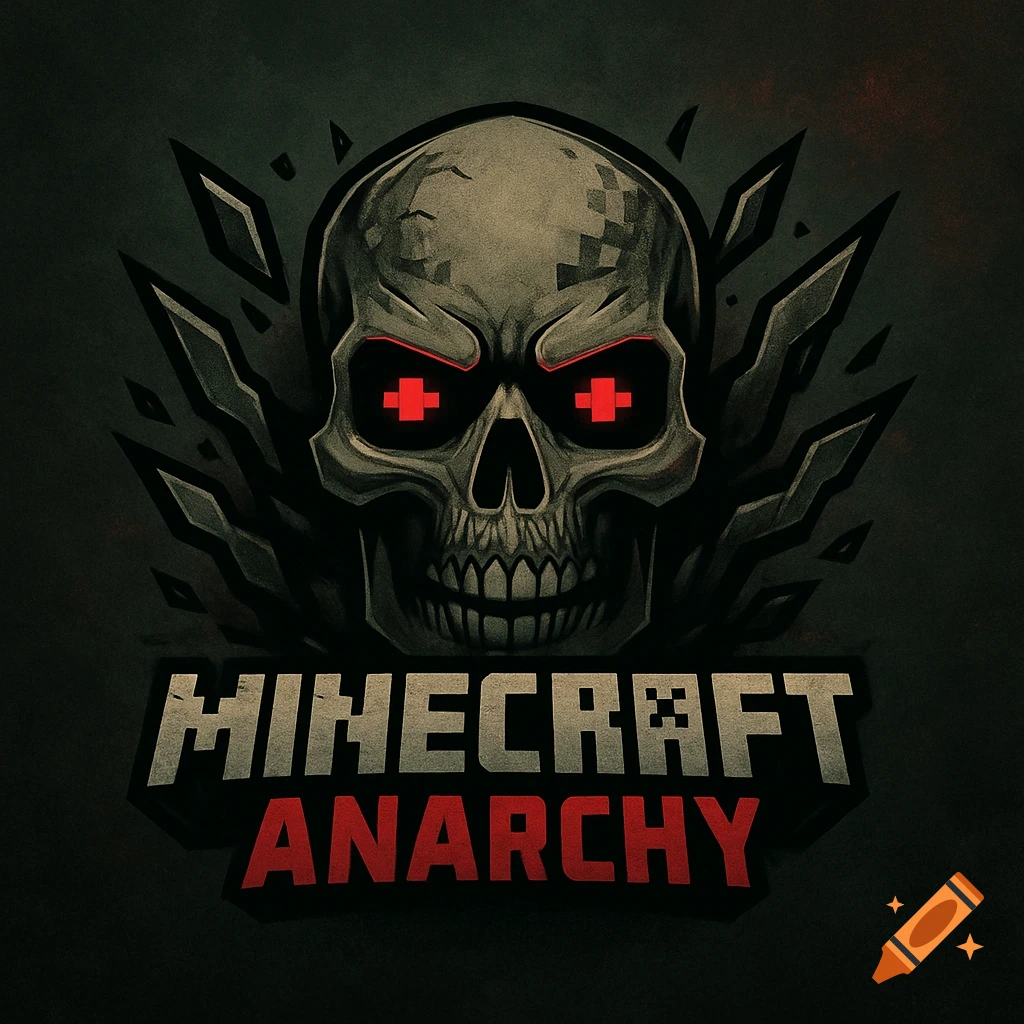 A stylized skull logo with glowing red pixelated eyes and sharp jagged elements, with the words 'MINECRAFT ANARCHY' below.