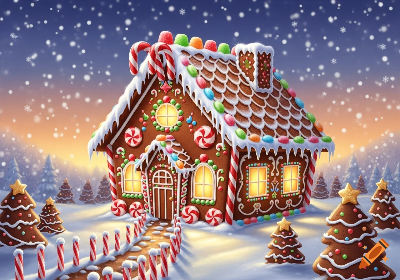 A whimsical gingerbread house decorated with colorful candies and icing, surrounded by gingerbread trees in a snowy landscape with falling snowflakes.