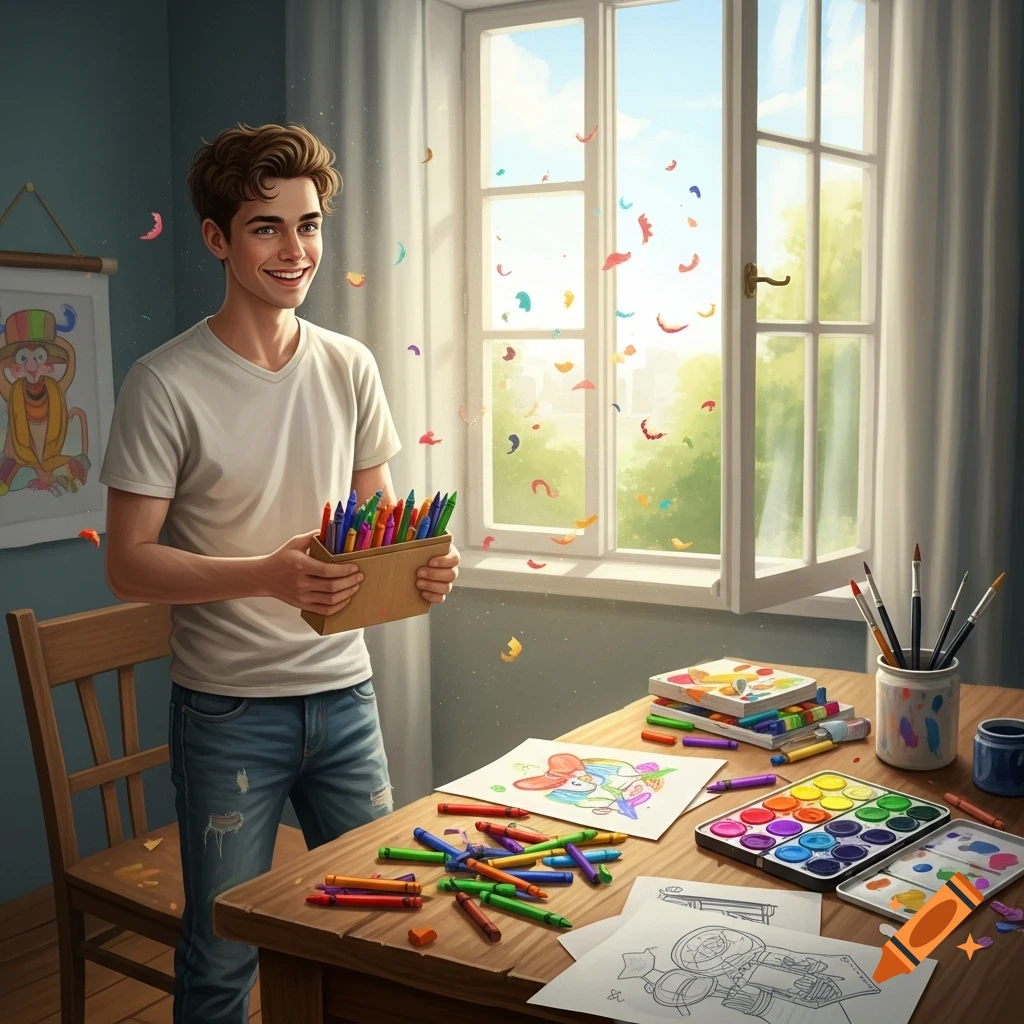 A smiling young man in a white t-shirt and jeans holds a box of colorful crayons, standing by a wooden table filled with art supplies and drawings in a sunlit room.