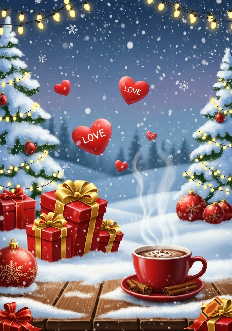 A snowy winter scene with Christmas trees, red gift boxes, ornaments, a cup of hot chocolate, and floating red hearts with 'LOVE' written on them.