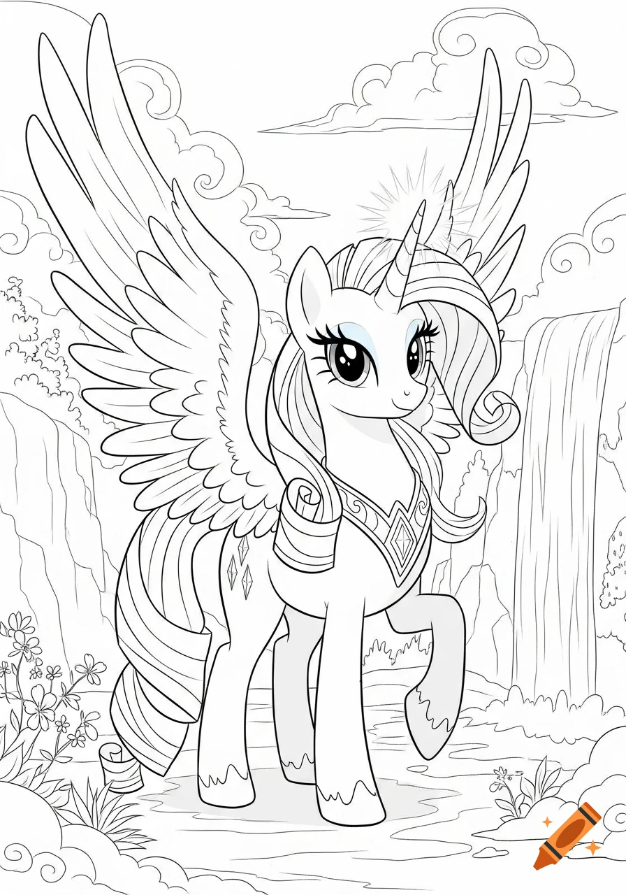 A black and white coloring page of My Little Pony's Rarity as an Alicorn, standing in a lush landscape with a waterfall and clouds.