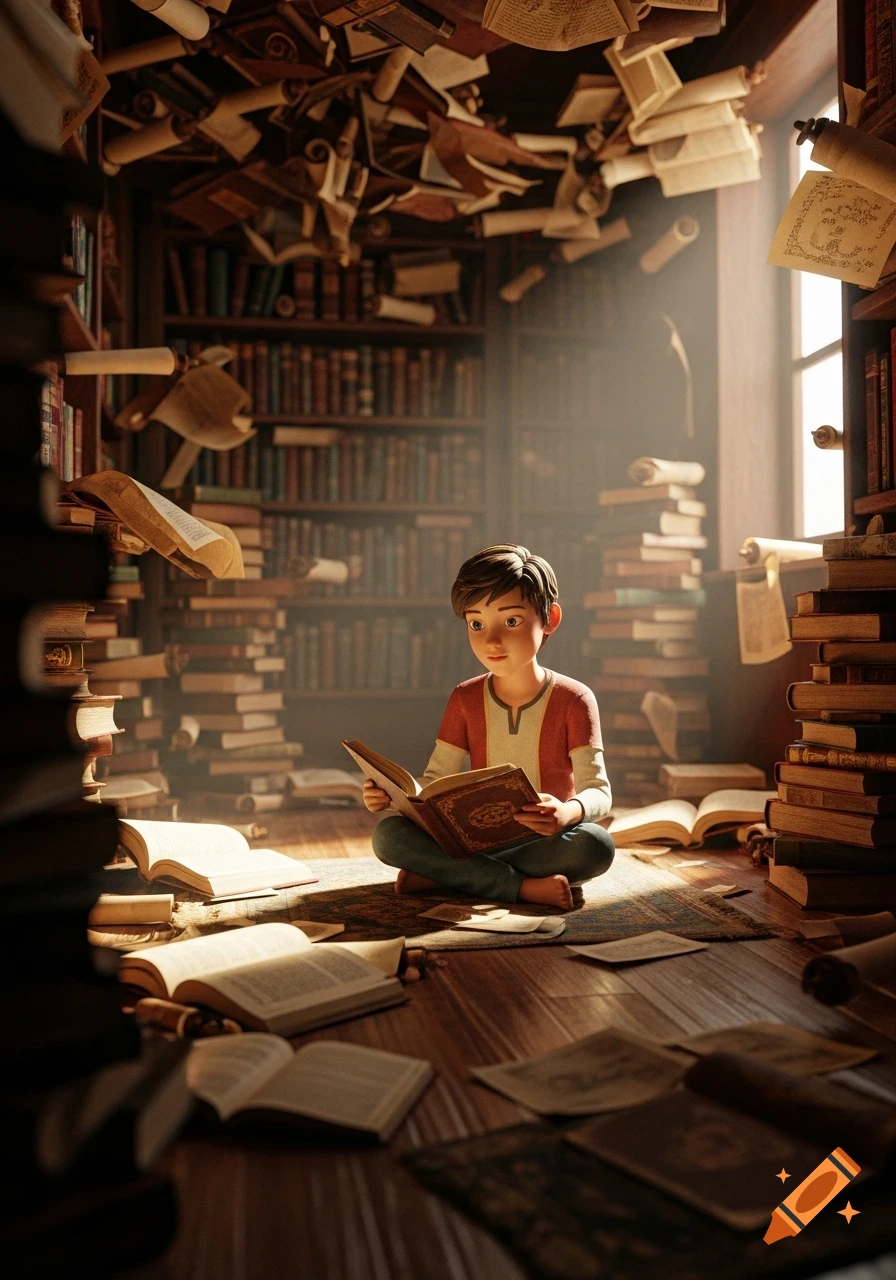 A young boy sits cross-legged on a wooden floor, engrossed in a book amidst piles and floating scrolls in a magical library.