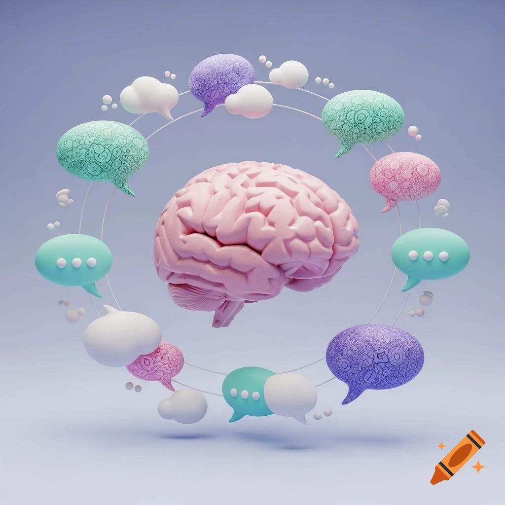 A soft pink 3D human brain surrounded by pastel speech bubbles and clouds, representing thoughts, in a minimalist illustration.