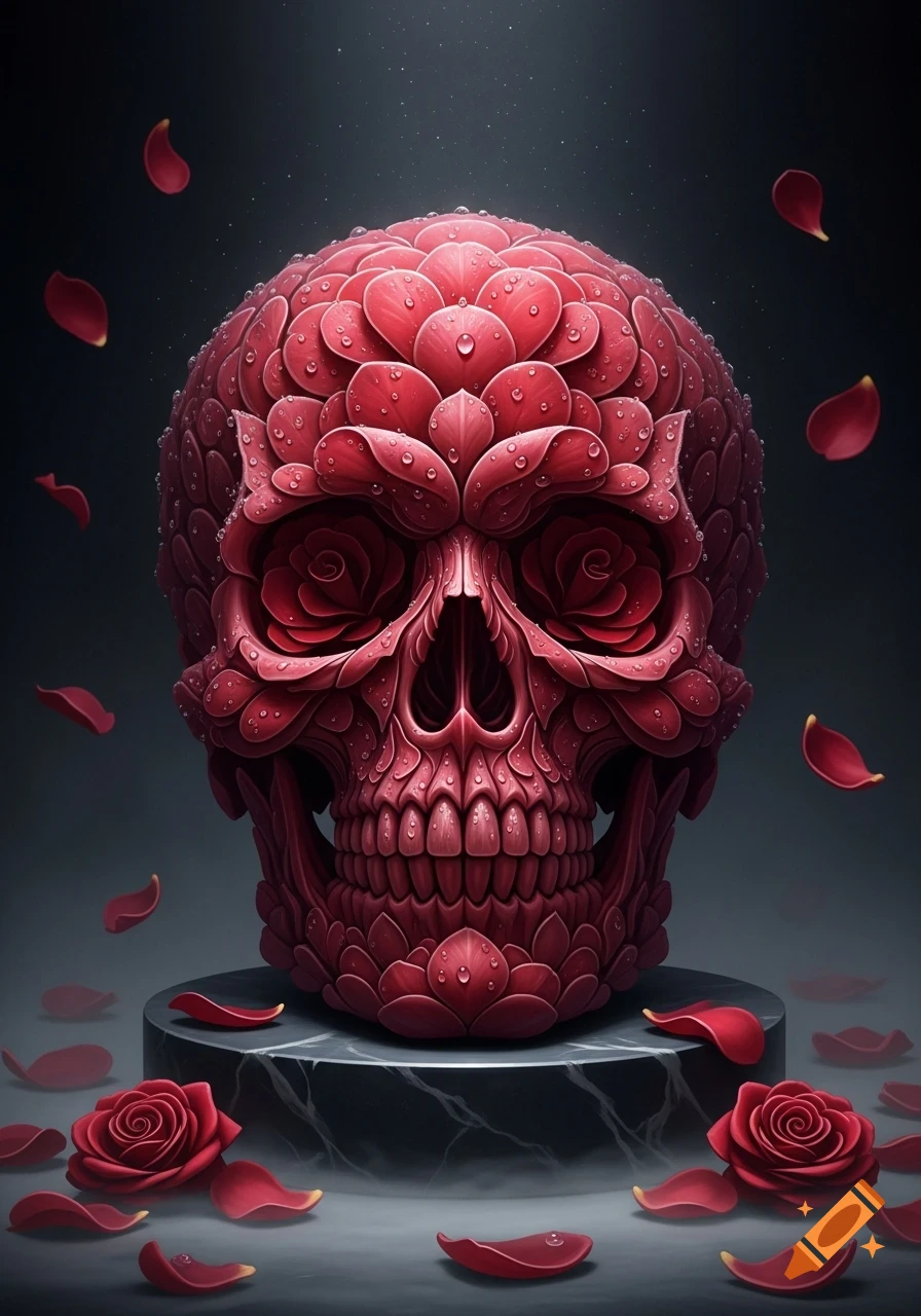 A skull intricately formed from vibrant red rose petals and covered in water droplets, resting on a dark marble pedestal with scattered petals.
