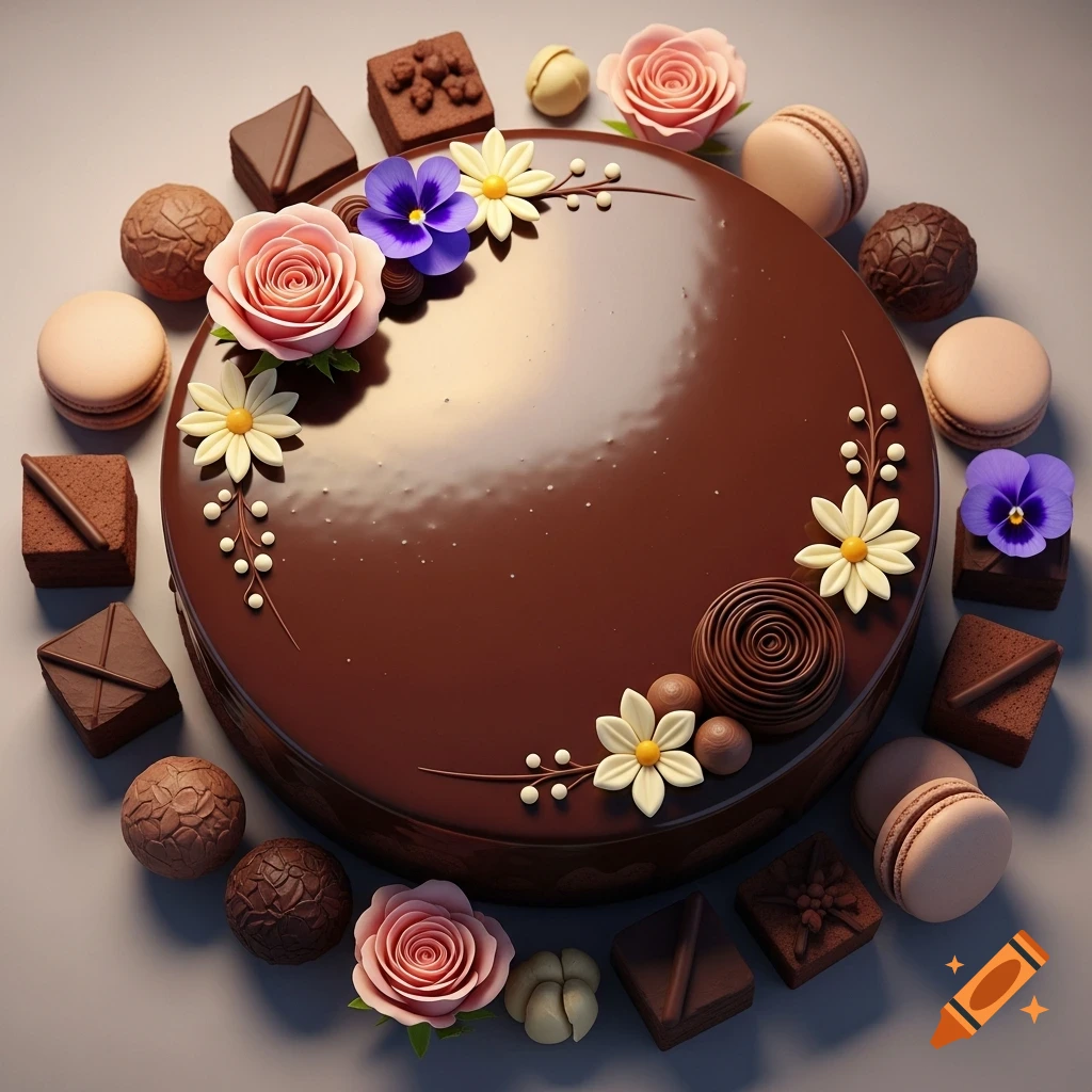 Top-down view of a glossy dark chocolate cake decorated with pink roses, purple and white flowers, surrounded by chocolates and macarons.