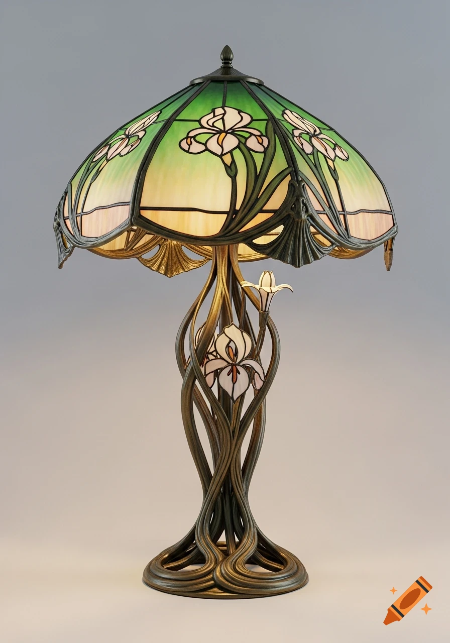 Elegant Art Nouveau lamp with a stained glass shade featuring green and ivory irises, and a bronze base with organic curves.