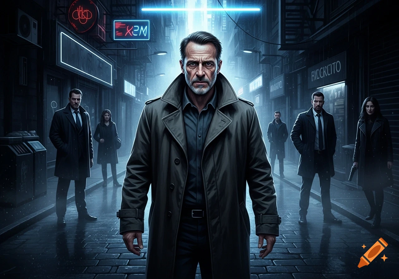 A serious man in a trench coat stands in a dark, rainy city street with other figures and neon signs in the background, in a photorealistic noir style.