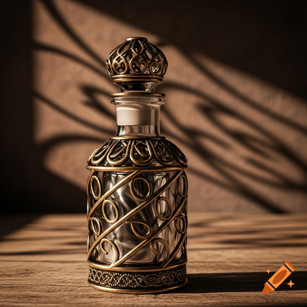 Ornate antique glass vial with a metal cage design and stopper on a wooden surface, dappled in sunlight and shadows.