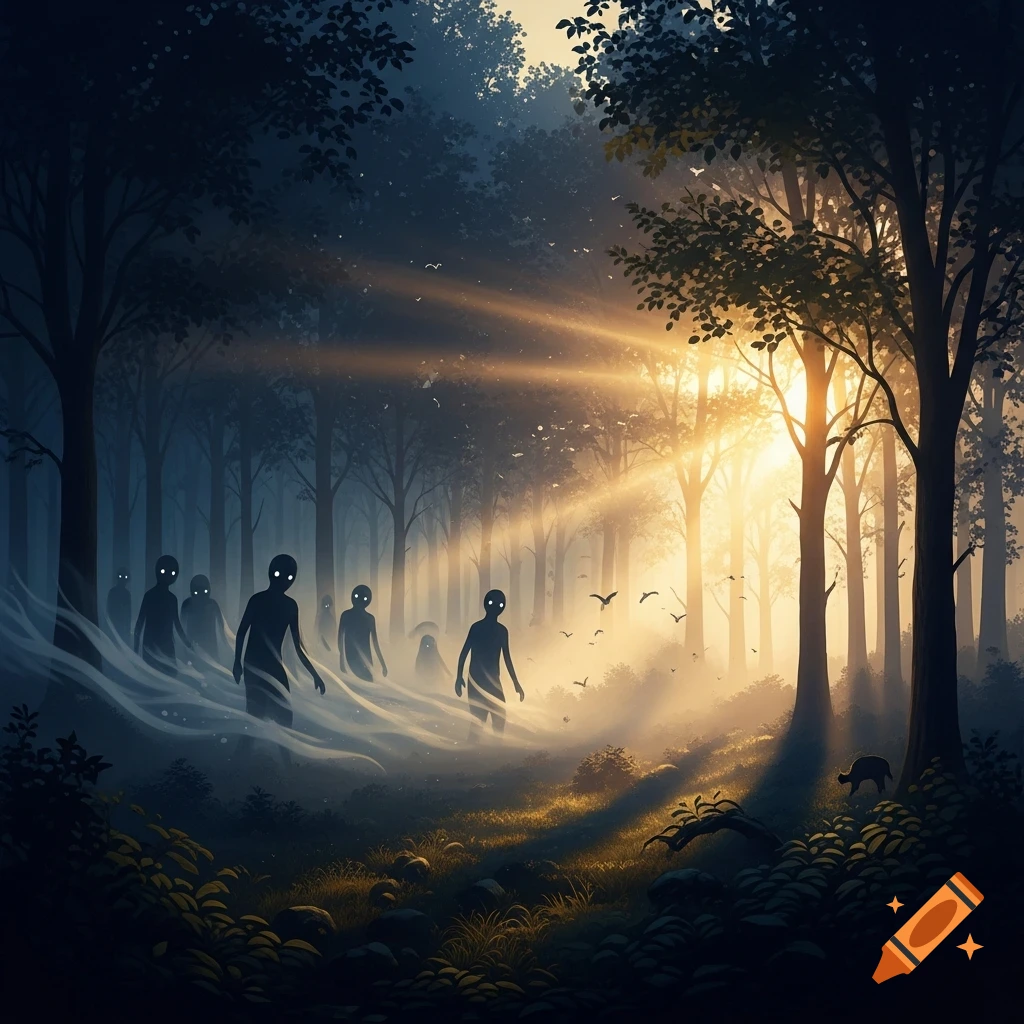 Shadowy figures with glowing eyes walk through a misty, ethereal forest as golden light rays pierce through the trees.